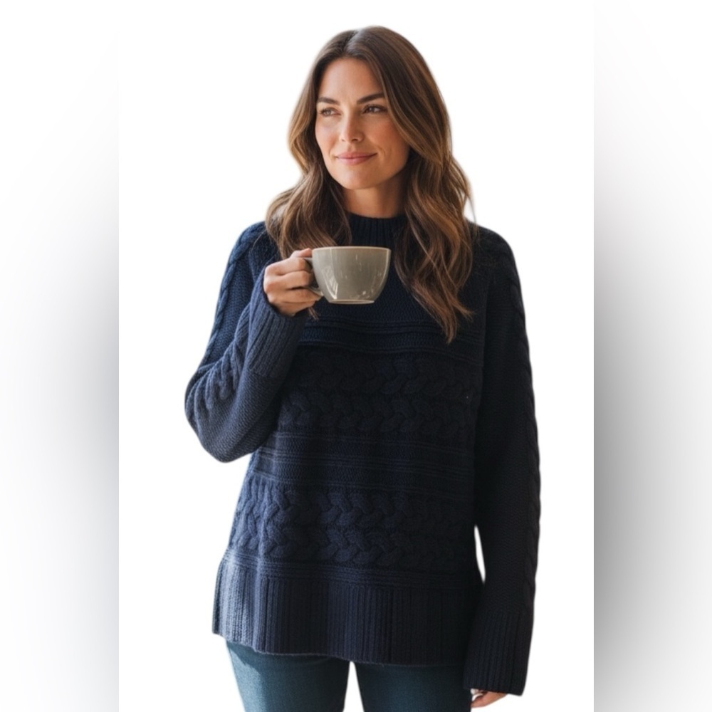 St. John’s Bay Navy Cable Knit Sweater L – Chunky Cozy Pullover